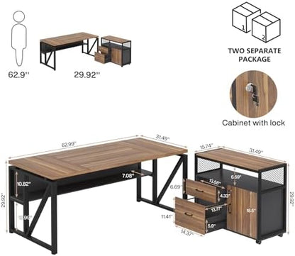 Tribesigns 63" Executive Desk with Reversible File Cabinet, Large L-Shaped Office Desk with Drawers, Business Furniture Workstation for Home Office