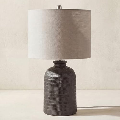 Nourison Home 24" Black Textured Ceramic Table Lamp with Tan Linen Shade, Rustic Farmhouse Accent Lamp, Bedside Lamp for Bedroom, Nightstand, Living Room