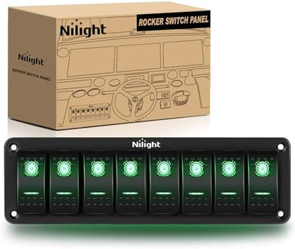 Nilight 8 Gang Rocker Switch Panel 5Pin On Off Toggle Switch Aluminum Holder 12V 24V Dash Pre-Wired Green Backlit Switches for Automotive Cars Marine Boats RVs Truck, 2 Years Warranty