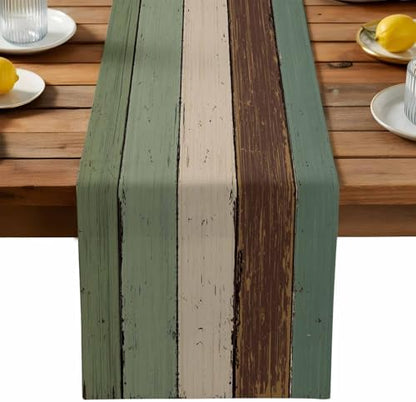 Green Brown Wood Grain Table Runner Dresser Scarf 13 x 120 Inch Vintage Mottled Board Striped Farm Table Runners Non-Slip Heat Resistant Kitchen Dining Table Decor for Home Holidays Indoor Outdoor