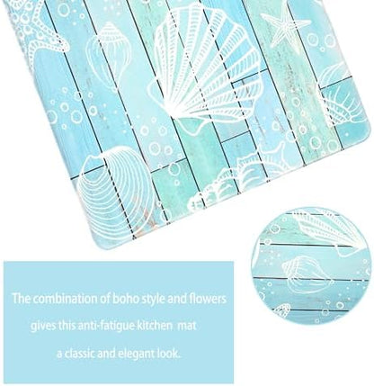Beach Kitchen Mats for Floor Coastal Kitchen Rugs Cushioned Anti Fatigue Mats for Sink, Stove, Desk, Laundry,17"x30"+17"x47", Blue