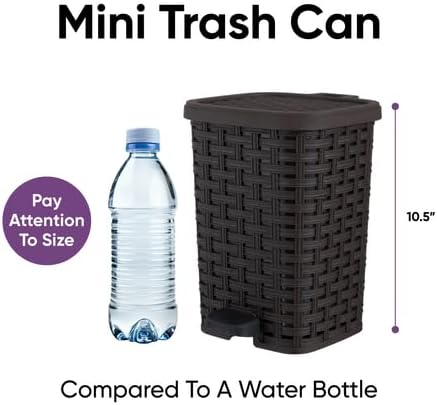 Superio Mini Trash Can with Foot Pedal Small Outdoor Garbage Can with Lid, 1.5 Gallon Plastic Waste Basket for Bathroom, Bedroom, Kitchen, Office, Patio (Wicker Brown 6 QT.), 3 Pack