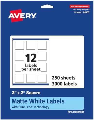 Avery® Matte White Square Labels, Sure Feed® Technology, 2" x 2", 3,000 Matte White Printable Labels
