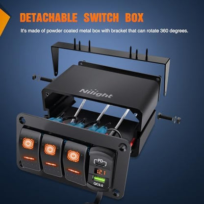 Nilight 3 Gang Rocker Switch Box 12V SPST ON Off Orange LED Waterproof