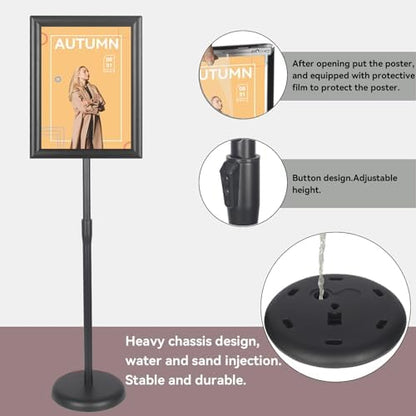 YDisplay Adjustable Sign Holder Stand with Base 11x17inches Aluminum Snap Open Frame Pedestal Sign Stand,Vertical and Horizontal View Sign Displayed, Round Base for Church Shool Office,Black