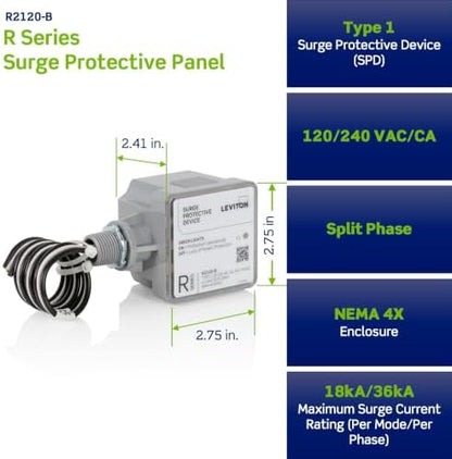 Leviton Type 1 Surge Protective Panel, Residential Home Surge Protection, 120/240 VAC, Split Phase, 36kA per Phase, R2120-B SPD, Gray