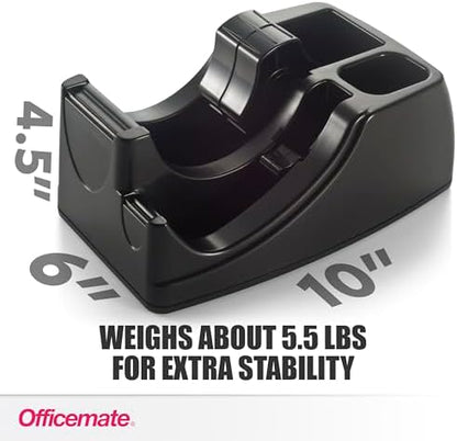 Officemate 2-in-1 Heavy Duty Tape Dispenser - Fits 1 Inch and 3-Inch Cores, Weighted 5.5 lb Base for Stability, Holds Packing and Standard Tape, Storage Compartment for Office Supplies, Black