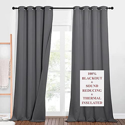 NICETOWN 3-in-1 Dampen Noise Blackout Thermal Reducing Curtains, Heavy Full Light Shading Drapes with Detachable Liner for Villa/Hall/Dorm Window（Gray, Package of 2, 52 inches Wide x 90 inches Long