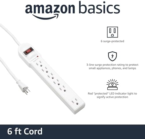Amazon Basics Surge Protector Power Strip, 6-Outlet, 790 Joules, Circuit Breaker, LED Indicator, 6ft Extension Cord, White