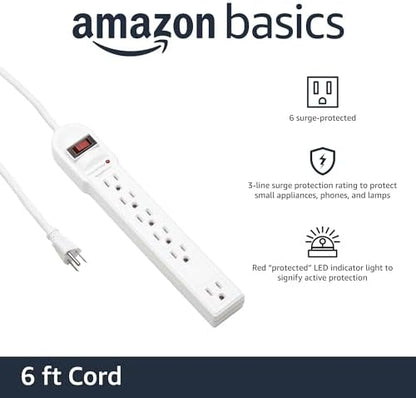 Amazon Basics Surge Protector Power Strip, 6-Outlet, 790 Joules, Circuit Breaker, LED Indicator, 6ft Extension Cord, White