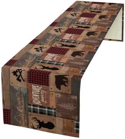 Rustic Cabin Moose Deer Bear Table Runner, Retro Bear Cottage Country Style Cabin Farmhouse Dinner Runner for Home Kitchen Dining Table Decoration 13"x36"