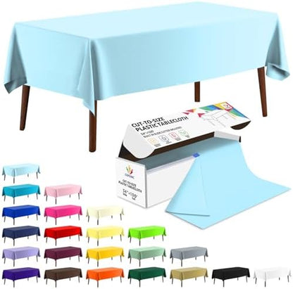 CXPSINC 54 Inch X 100 Feet Plastic Table Cover Roll Disposable Tablecloth with Slide Cutter for All Type/Shape Tables | Party, Banquet, Birthdays, Weddings(Light Blue, 100 Feet)