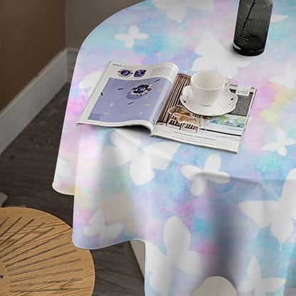 Rainbow Butterfly Tablecloth, Colorful Pink Blue White Butterflies Cartoon Print Table Cover for Farmhouse Kitchen Dining Room Table Decor, 70x70in