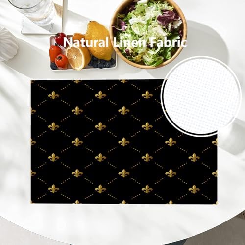 Batmerry Black French Fleur De Lis Placemats,Golden Pastoral Flowers Washable Linen Table Mats for Kitchen Table Double Insulation Decor Dining Set Indoor Outdoor 12X18 in Set of 4