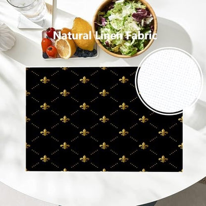 Batmerry Black French Fleur De Lis Placemats,Golden Pastoral Flowers Washable Linen Table Mats for Kitchen Table Double Insulation Decor Dining Set Indoor Outdoor 12X18 in Set of 4