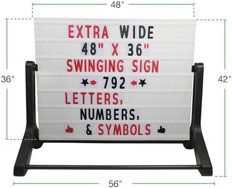 Swinging Changeable Message Sidewalk Sign: 48" x 36" Sign with 792 Pre-Cut Double Sided Letters and Storage Box. Includes Black Board & Letter Board (Black Color Legs)