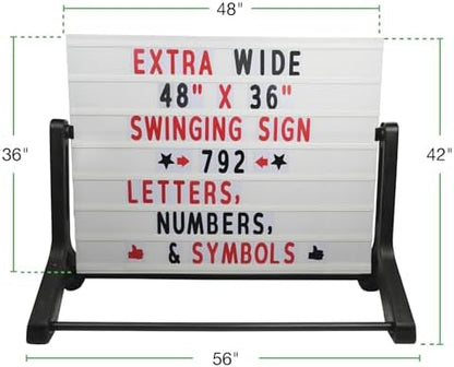 Swinging Changeable Message Sidewalk Sign: 48" x 36" Sign with 792 Pre-Cut Double Sided Letters and Storage Box. Includes Black Board & Letter Board (Black Color Legs)