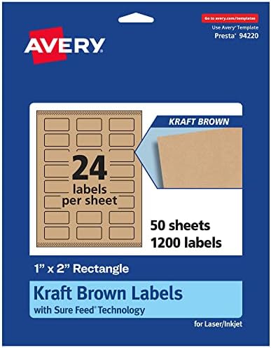 Avery® Kraft Brown Rectangle Labels, Sure Feed® Technology, 1" x 2", 1,200 Kraft Brown Labels, Print-to-The-Edge, Laser/Inkjet Printable