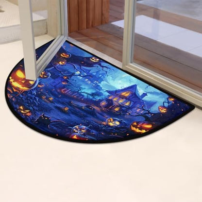 Halloween Pumpkin Moon Half Round Door Mat Non Slip Washable Halloween Semi Circle Area Rug Absorbent Soft Half Moon Rug Floor Mat for Kitchen Indoor Outdoor Bathroom Patio Front Door Mat Decor