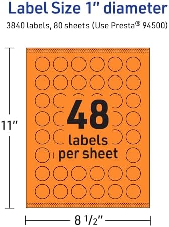 Avery Printable Round Labels, Sure Feed Technology, 1" Diameter, Bright Orange Labels, Print-to-the-Edge, Laser/Inkjet, 3,840 Total, Great for Price Stickers and Mailing Seals