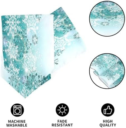 Double-Sided Silver Winter Teal Turquoise Snowflakes Christmas Table Runner 18x72 Inches Long,Table Cloth Runner for Wedding Birthday Party Kitchen Dining Home Everyday Decor