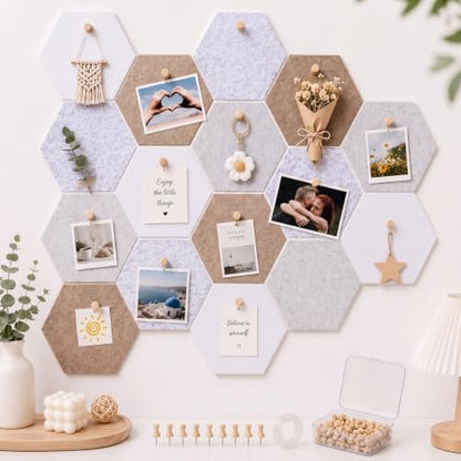 6.7 x 5.9 in 16 Pcs Hexagon Cork Board Tiles, Felt Pin Boards, Camel