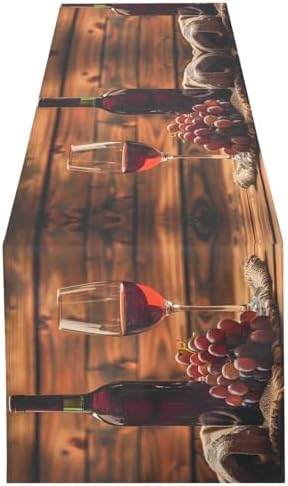 ALAZA Double-Sided Red Wine Glass and Grape in Basket in Wooden Table Runner 18x72 Inches Long,Table Cloth Runner for Wedding Birthday Party Kitchen Dining Home Everyday Decor