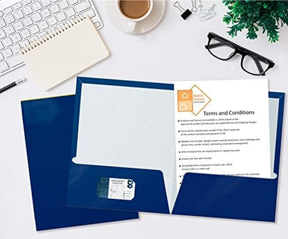 Better Office Products 2 Pocket Glossy Laminated Blue Paper Folders, Letter Size, Blue Paper Portfolios, Box of 25