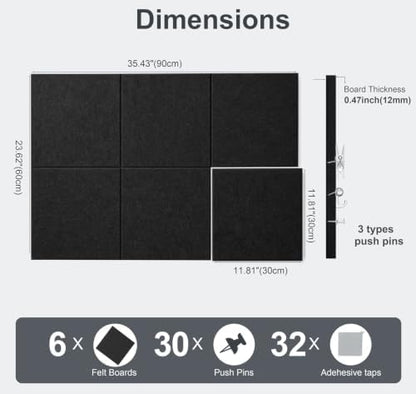 Felt Wall Tiles Bulletin Board Large Cork Board Alternative 6 Pack 11.81”x11.81”x0.47” Felt Pin Board Tack Board with Safe Removable Adhesive Tabs for Home Office School 36x24 (Black)