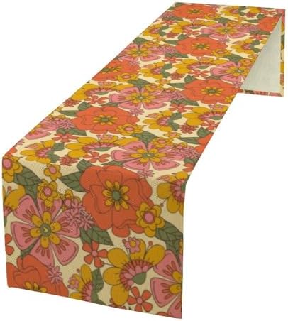 Retro 70s Floral Table Runner Hippie Daisy Flower Peace Love Birthday Party Retro Kitchen Dinning Home Decoration 13x108 Inch