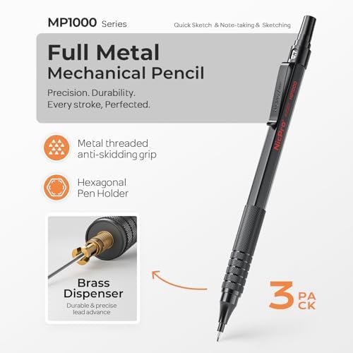 Nicpro 0.5 & 0.7 & 0.9 mm Metal Mechanical Pencil Set with Case-6 Pack