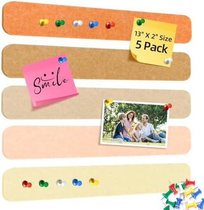 HAUTOCO Felt Bulletin Strips 5 Pack, 13" x 2" Self Adhesive Pin Board with 20 Push Pins, Peel and Stick Memo Board for Photos, Notes & Wall Decor, Dorm Room, Bedroom, Office, Linen Mix