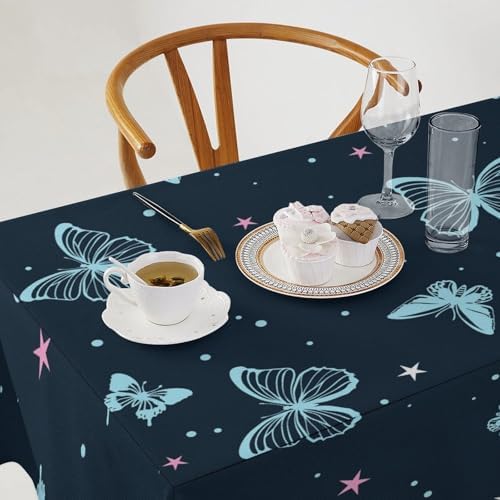 Blue Butterfly Tablecloth, Cartoon Colorful Butterfly Pink Starry Sky Star Print Tablecloth for Camping Indoor Outdoor Decor 55x75in