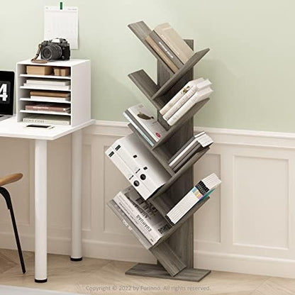 Furinno TREE Book Shelf, 9-Tier Bookshelf, Tree Bookcase with Angled Open Shelf, 8.4 x 15.7 x 50.9, Corner Shelf for Room Decor, for Living Room, Bedroom, Home Office, French Oak