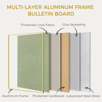 SELEAD Linen Bulletin Board 30” x 20” - Golden Aluminum Frame, Green Fabric