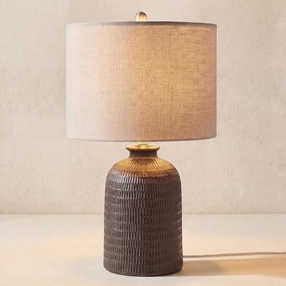 Nourison Home 24" Black Textured Ceramic Table Lamp with Tan Linen Shade, Rustic Farmhouse Accent Lamp, Bedside Lamp for Bedroom, Nightstand, Living Room