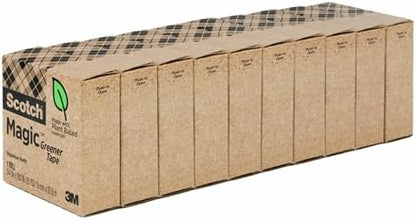 Scotch Magic Greener Tape, 10 Rolls, Numerous Applications, Invisible, Engineered for Repairing, 3/4 x 900 Inches, Boxed (Pack of 12)