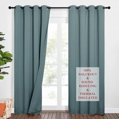 NICETOWN Sound Barrier 100% Blackout Divider Curtains 84", Noise, Heat and Cold Blocking Drapes with Felt Fabric Lining for Nursery/Daytime Sleep/Bedroom (Greyish Blue, 2 PCs, 52" Wide)