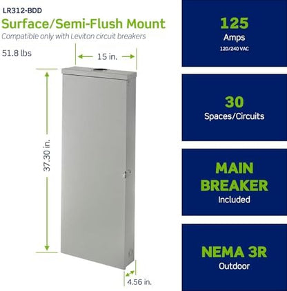 Leviton 30 Space Outdoor Load Center with 125A Main Circuit Breaker, LR312-BDD