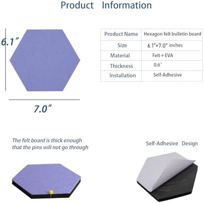 10Pcs Self Adhesive Felt Board Tiles Hexagon Bulletin Board for Walls, Felt Cork Pin Board for Pictures Photos Memos with Push Pins (Color C)
