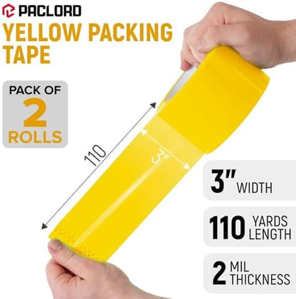 3" x 110 Yards Yellow Packing Tape, 2 Rolls - 2.0 Mil Carton Sealing Tape