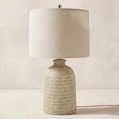 Nourison Home 24" Natural Beige Textured Ceramic Table Lamp with Tan Linen Shade, Farmhouse Accent Lamp, Bedside Nightstand Lamp for Bedroom, Living Room
