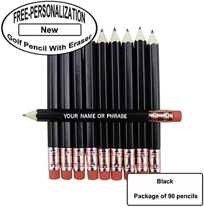 EZPENCILS & GIFTS - Golf Pencils Tipped with Eraser (1/2 a Pencil - Pew Pencils) - Black Colored Barrel - FREE-PERSONALIZATION - 2HB Black Lead - Custom Text - Non-Smear Eraser – Package of 90