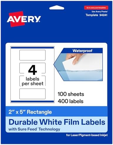 Avery® Printable Durable White Rectangle Labels, Sure Feed® Technology, 2" x 5", Print-to-the-Edge, Waterproof Labels, Laser & Pigment-Based Inkjet Compatible, 400 Total