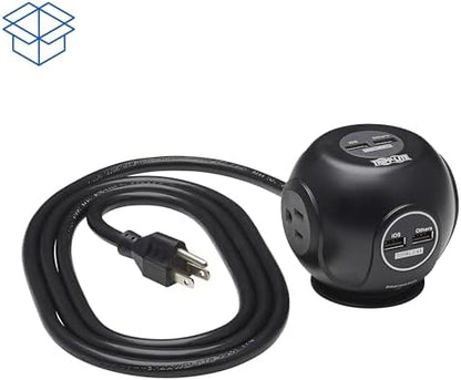 Tripp Lite Surge Protector 3-Outlet Spherical Surge Protector, 4 USB Ports (4.8A Shared) - 6-ft. (1.83 m) Cord, 5-15P Plug, 540 Joules, Black (TLP36USB)
