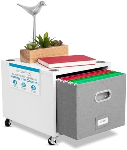 BIRDROCK HOME Rolling File Cabinet – Decorative Storage Shelf w/Removable Bins, Handles, and Wheels – Organize Files, Books, Toys, Under Desk Office Solution, Modern Design - 1 Lateral Drawer, White