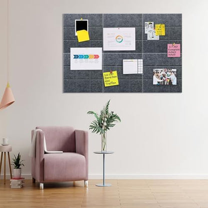 6 Packs Deep Grey Cork Board Felt Board Tiles, Bulletin Board 12"X12" with 30 Push Pins, Felt Board for Home Kitchen Office Decor, Self-Adhesive Corkboard Tiles for Walls School Message Display Board
