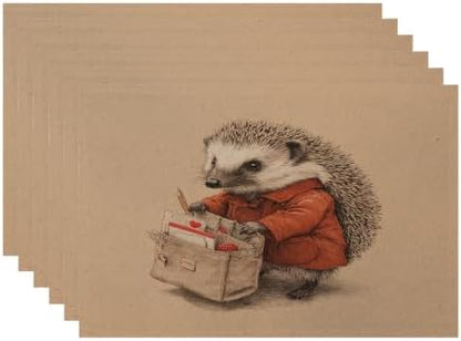 Batmerry Hedgehog Delivery Mail Placemats, Cute with Bag Washable Linen Table Mats for Kitchen Table Double Insulation Decor Dining Set Indoor Outdoor 12X18 in Set of 6