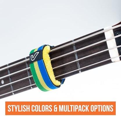 Gruv Gear Fret Wrap & Guitar Mute, Fretwrap for Acoustic, Electric & Bass | String Dampener Recording, Tapping & Practice Accessory (1 Pack, Small Green/Yellow/Blue, Fits 4 String Bass, 6 String
