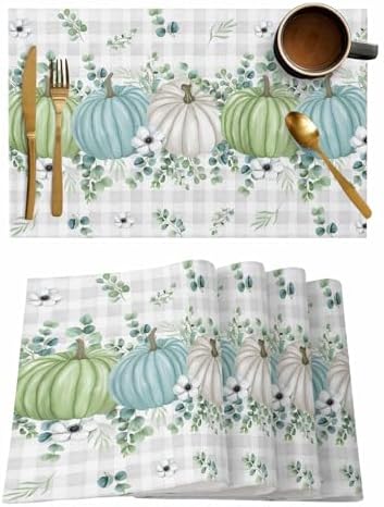 Fall Thanksgiving Placemats Set of 6, Autumn Pumpkins Eucalyptus Leaves Heat Resistant Dining Table Mats Fall Holiday Farmhouse Decor for Kitchen&Linens Outdoor Indoor, White Blue Green Gray Plaid